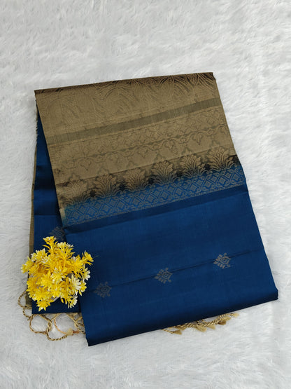 Peacock Blue & Grey Pure Soft Silk Saree