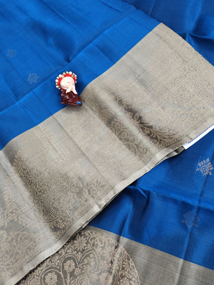 Peacock Blue & Grey Pure Soft Silk Saree
