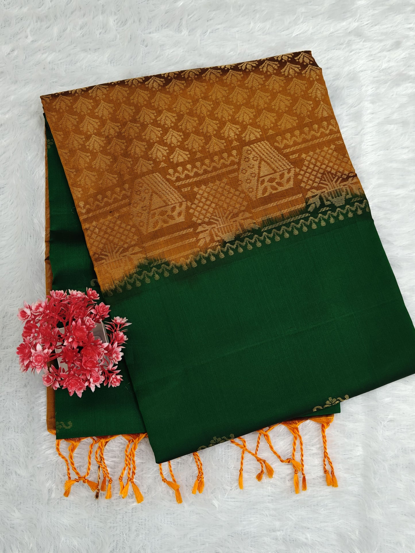Dark Green & Mustard Pure Soft Silk Saree