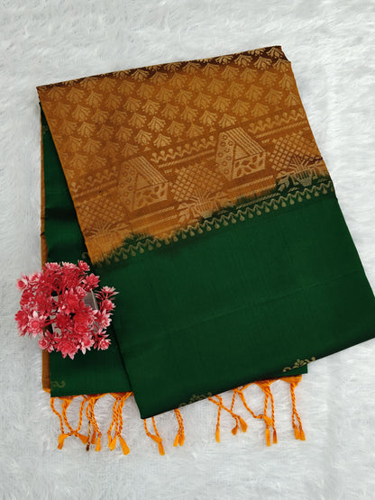 Dark Green & Mustard Pure Soft Silk Saree