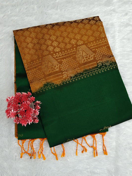 Dark Green & Mustard Pure Soft Silk Saree