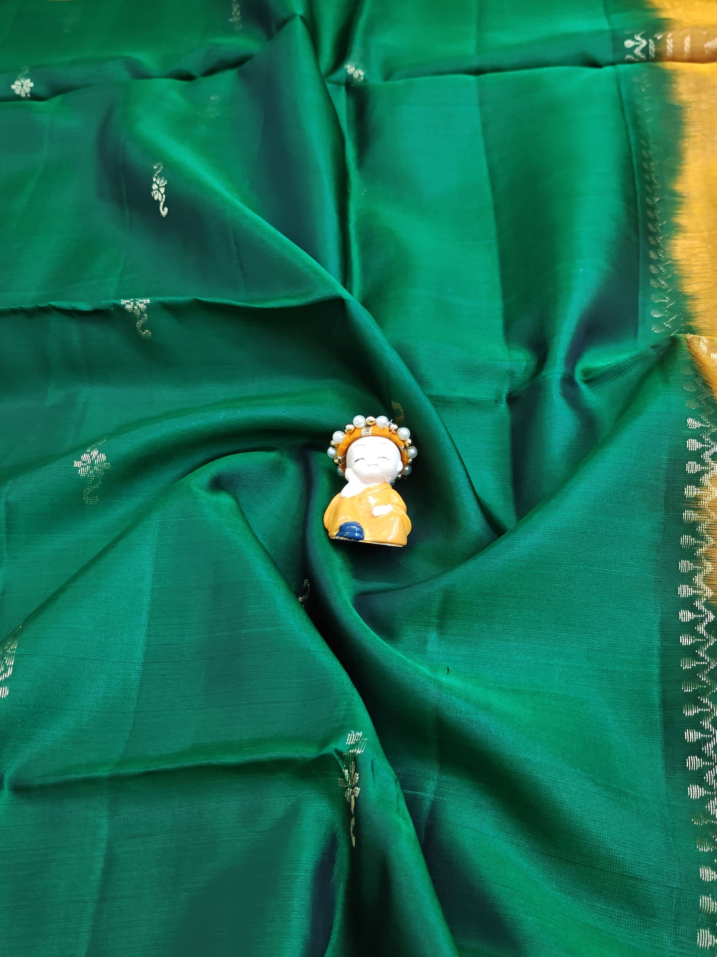 Dark Green & Mustard Pure Soft Silk Saree