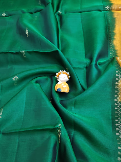Dark Green & Mustard Pure Soft Silk Saree