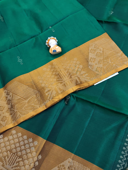Dark Green & Mustard Pure Soft Silk Saree