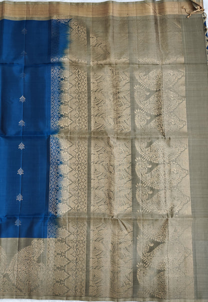 Peacock Blue & Grey Pure Soft Silk Saree