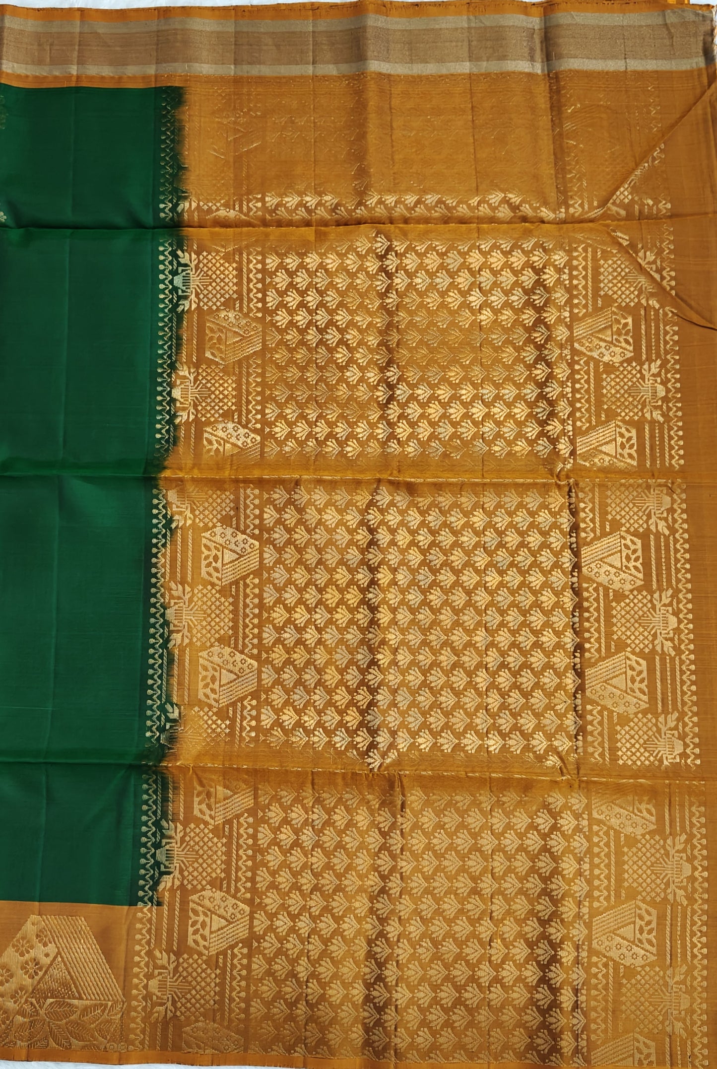 Dark Green & Mustard Pure Soft Silk Saree