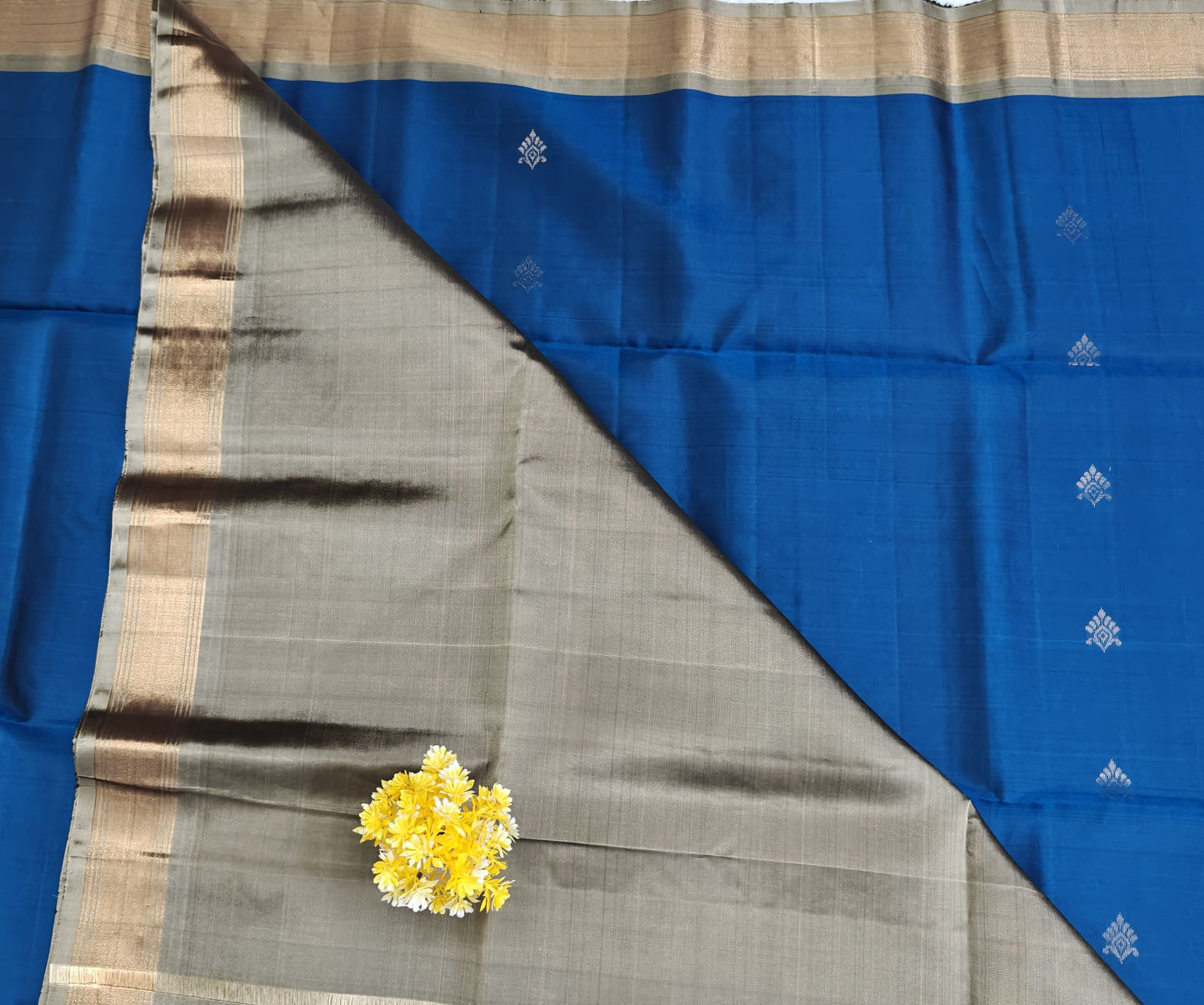 Peacock Blue & Grey Pure Soft Silk Saree