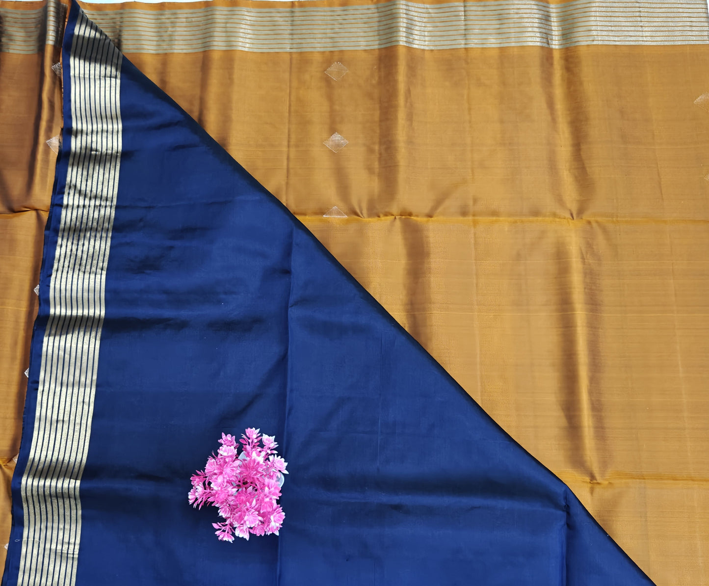 Mustard & Royal Blue Pure Soft Silk Saree