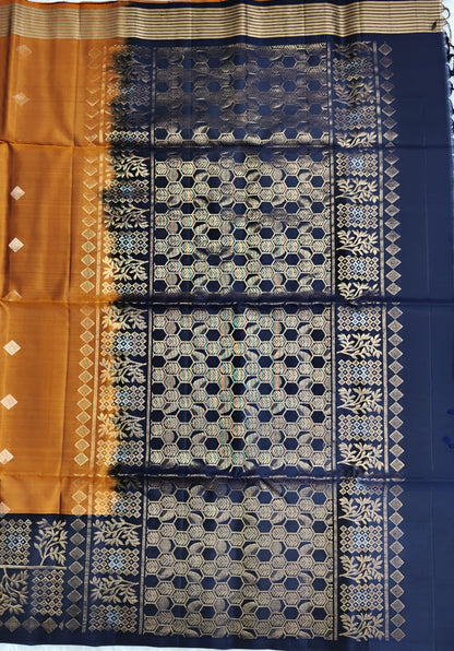 Mustard & Royal Blue Pure Soft Silk Saree