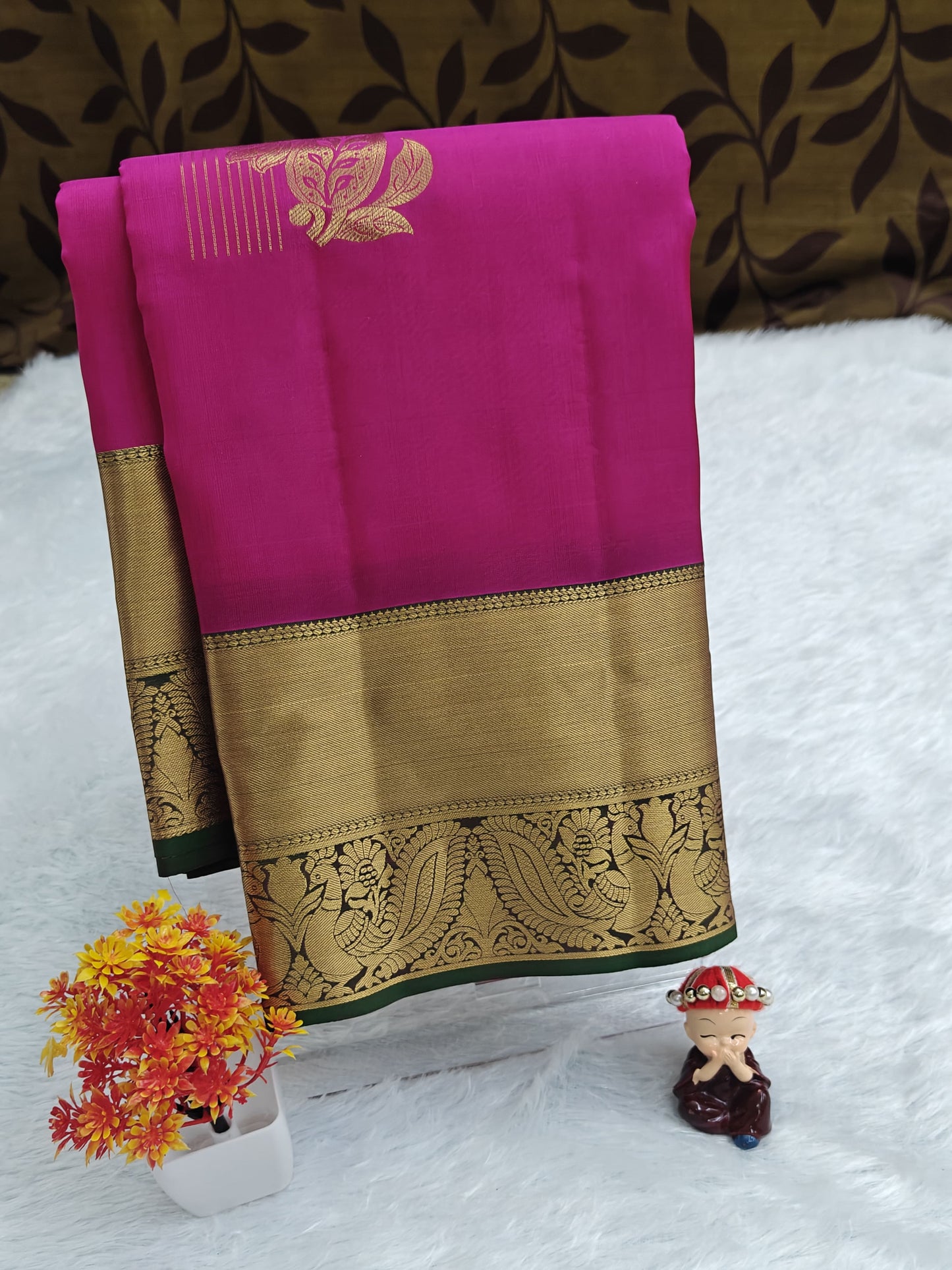 Rani Pink Pure Silk Saree with Green Border