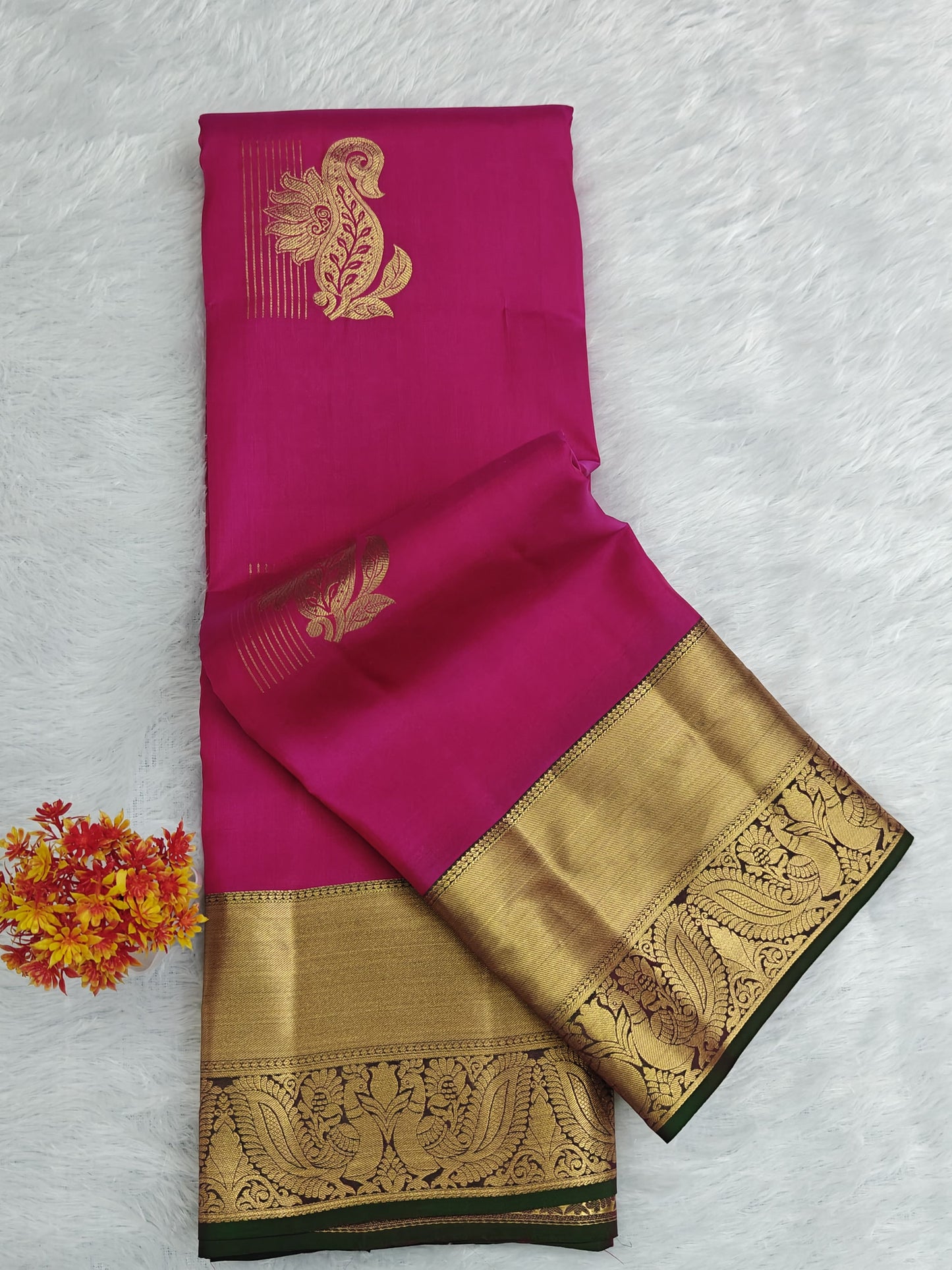 Rani Pink Pure Silk Saree with Green Border