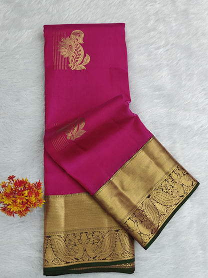 Rani Pink Pure Silk Saree with Green Border