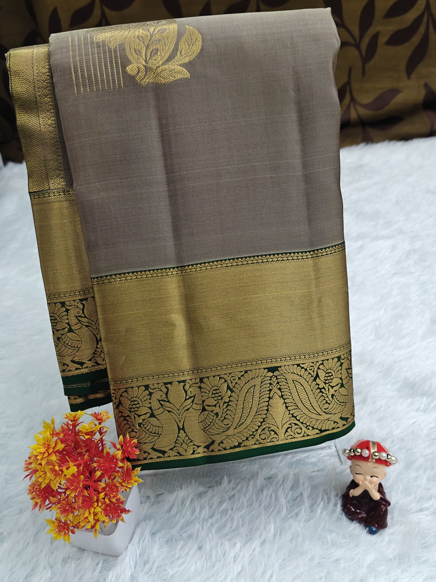 Grey Pure Silk Saree with Dark Green Border