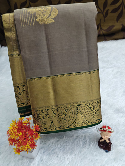 Grey Pure Silk Saree with Dark Green Border