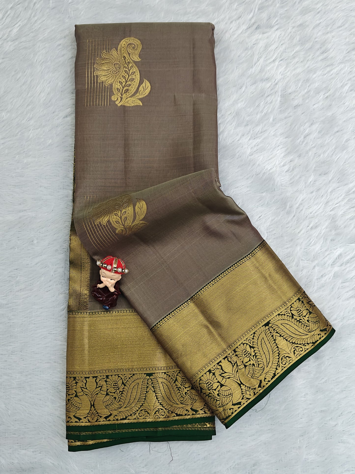 Grey Pure Silk Saree with Dark Green Border
