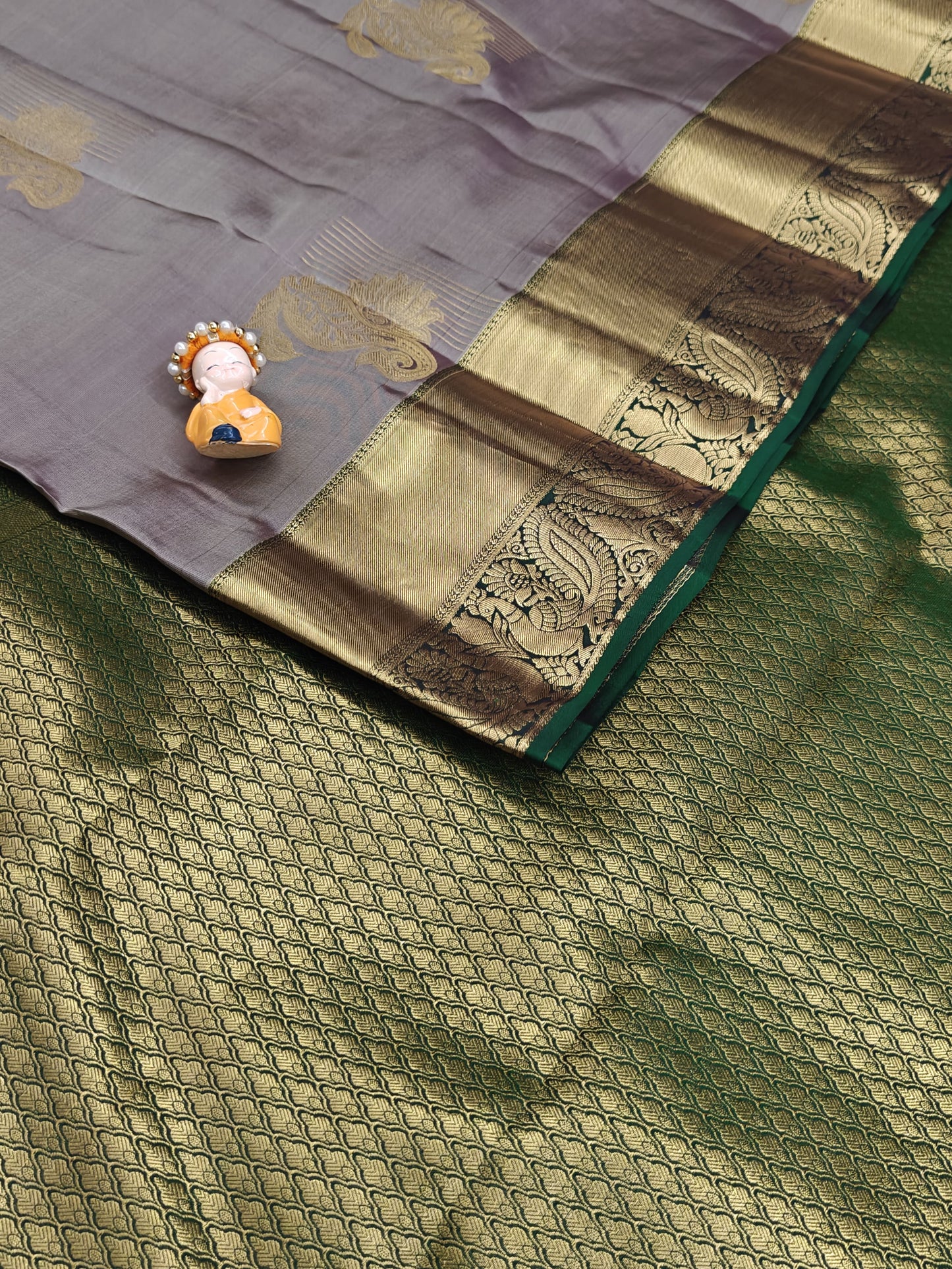 Grey Pure Silk Saree with Dark Green Border