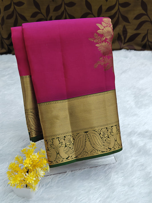 Elegant Pink Pure Silk Saree with Dark Green Border