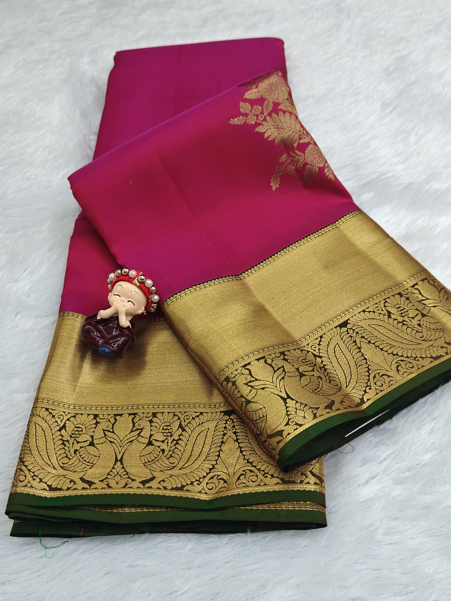 Elegant Pink Pure Silk Saree with Dark Green Border