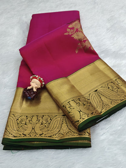 Elegant Pink Pure Silk Saree with Dark Green Border