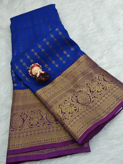 Royal Blue Pure Silk Saree with Purple Border