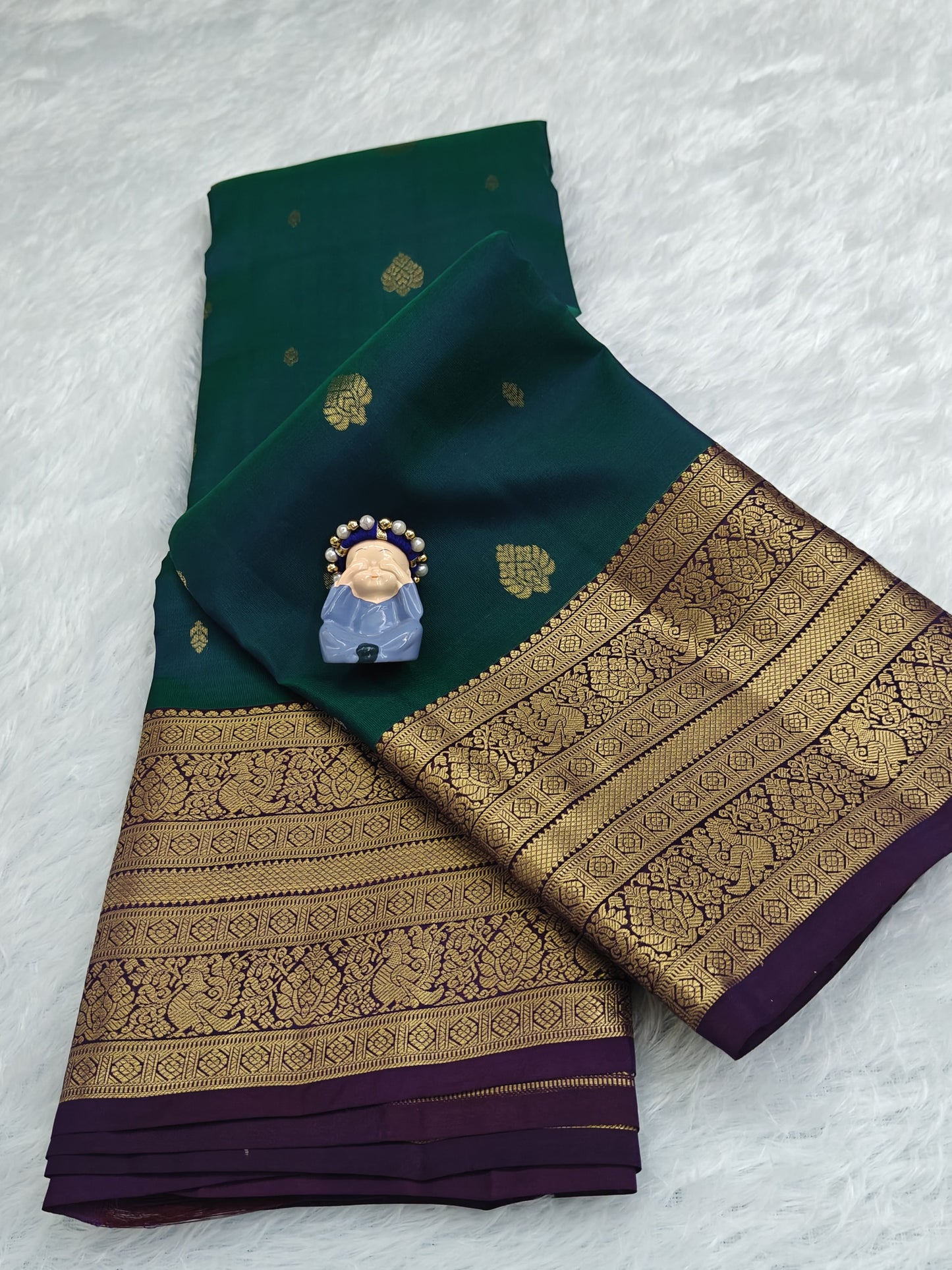 Peacock Green Pure Silk Saree with Purple Border