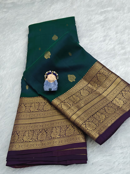 Peacock Green Pure Silk Saree with Purple Border