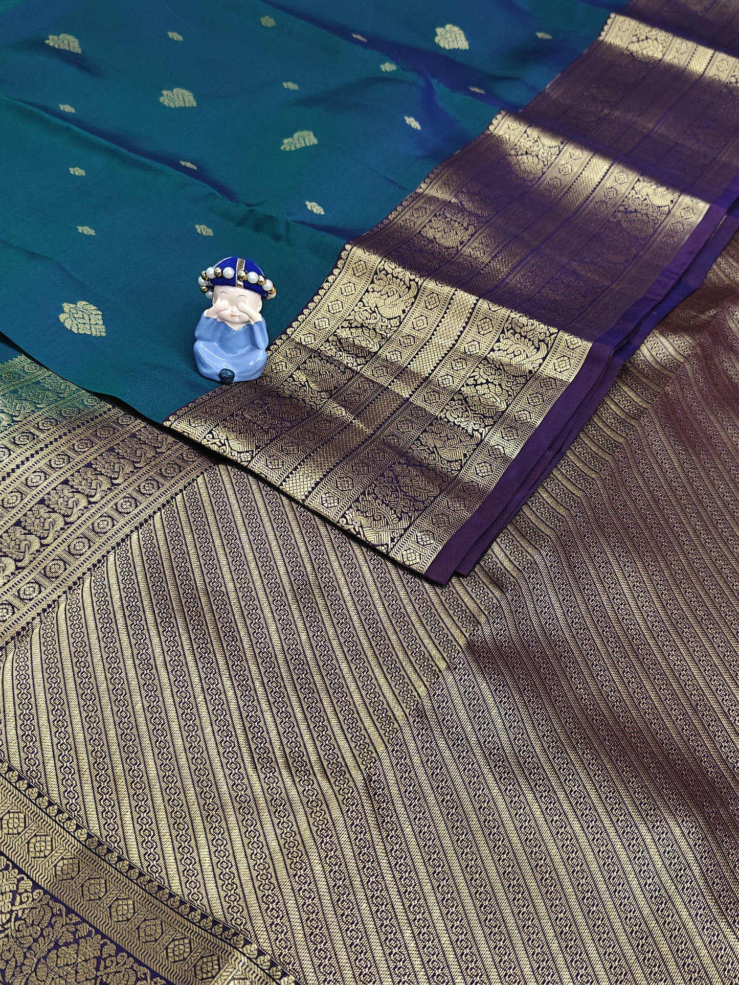 Peacock Green Pure Silk Saree with Purple Border
