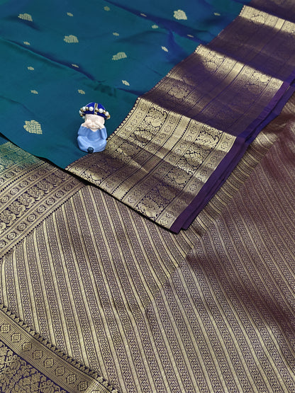 Peacock Green Pure Silk Saree with Purple Border