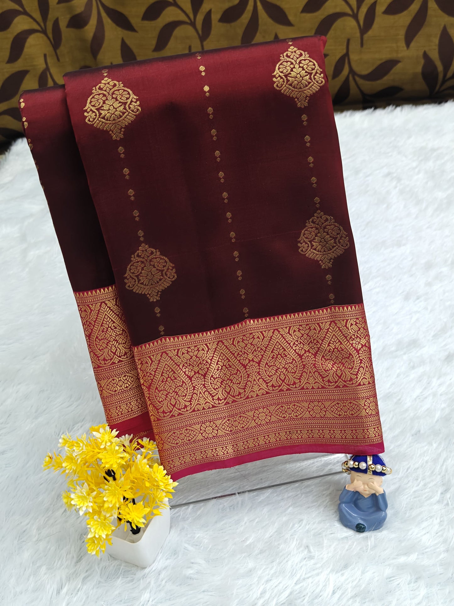 Brown Pure Silk Saree with Rani Pink Border