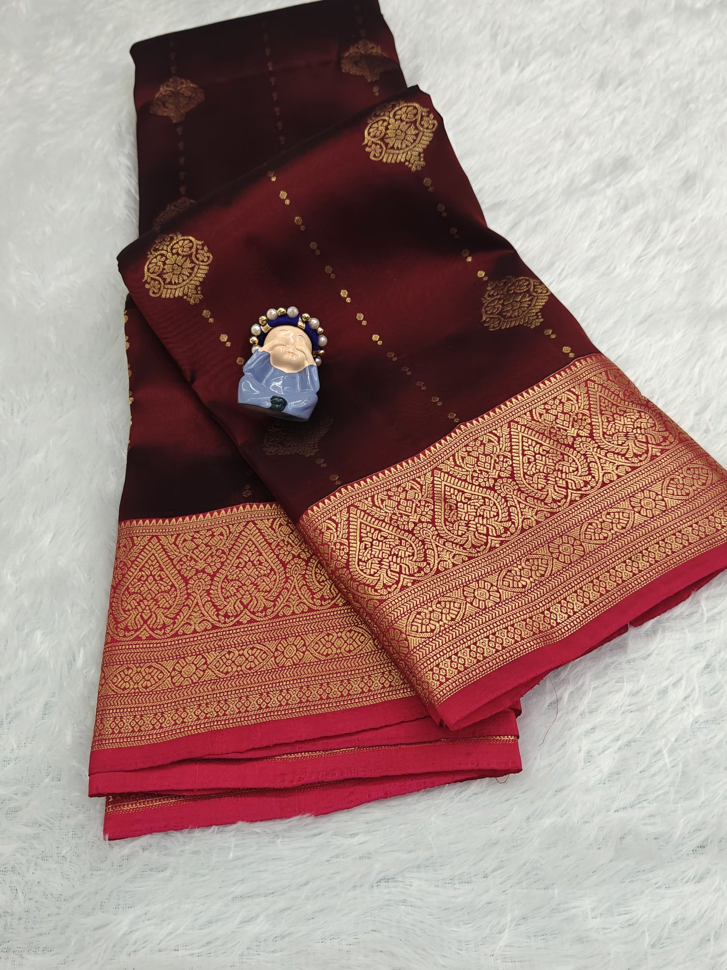Brown Pure Silk Saree with Rani Pink Border