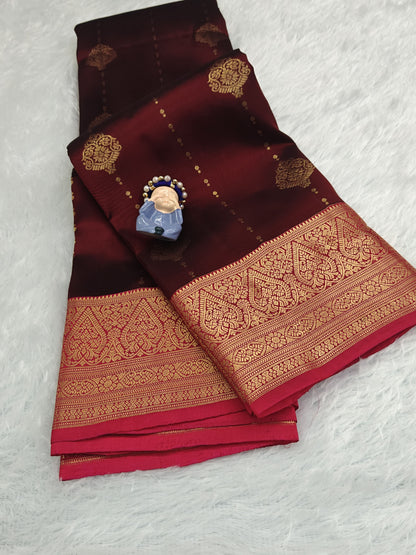 Brown Pure Silk Saree with Rani Pink Border