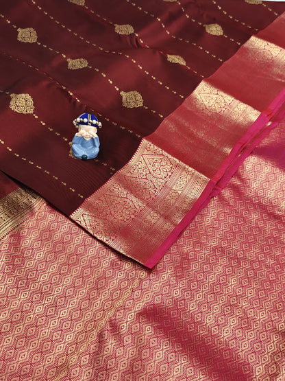 Brown Pure Silk Saree with Rani Pink Border