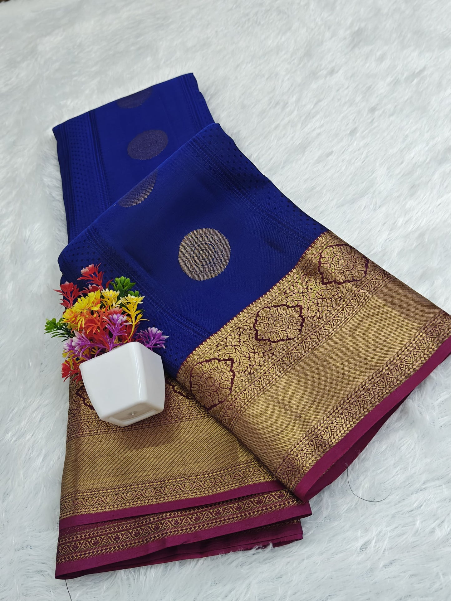 Royal Blue Pure Silk Saree with Purple Border