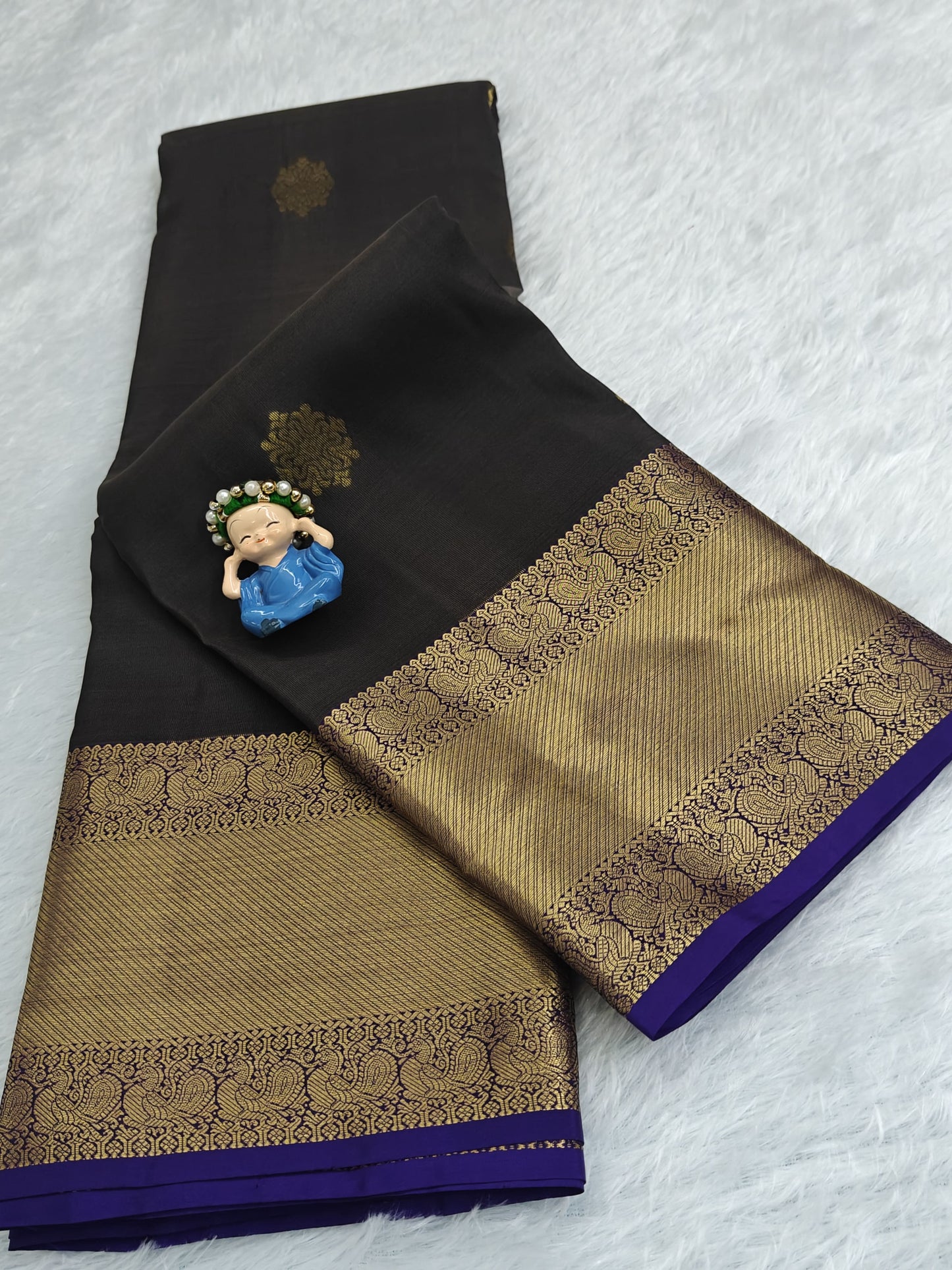 Grey Pure Silk Saree with Royal Blue Border