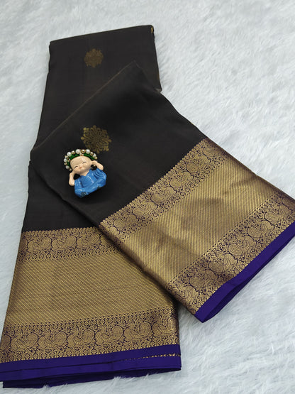 Grey Pure Silk Saree with Royal Blue Border
