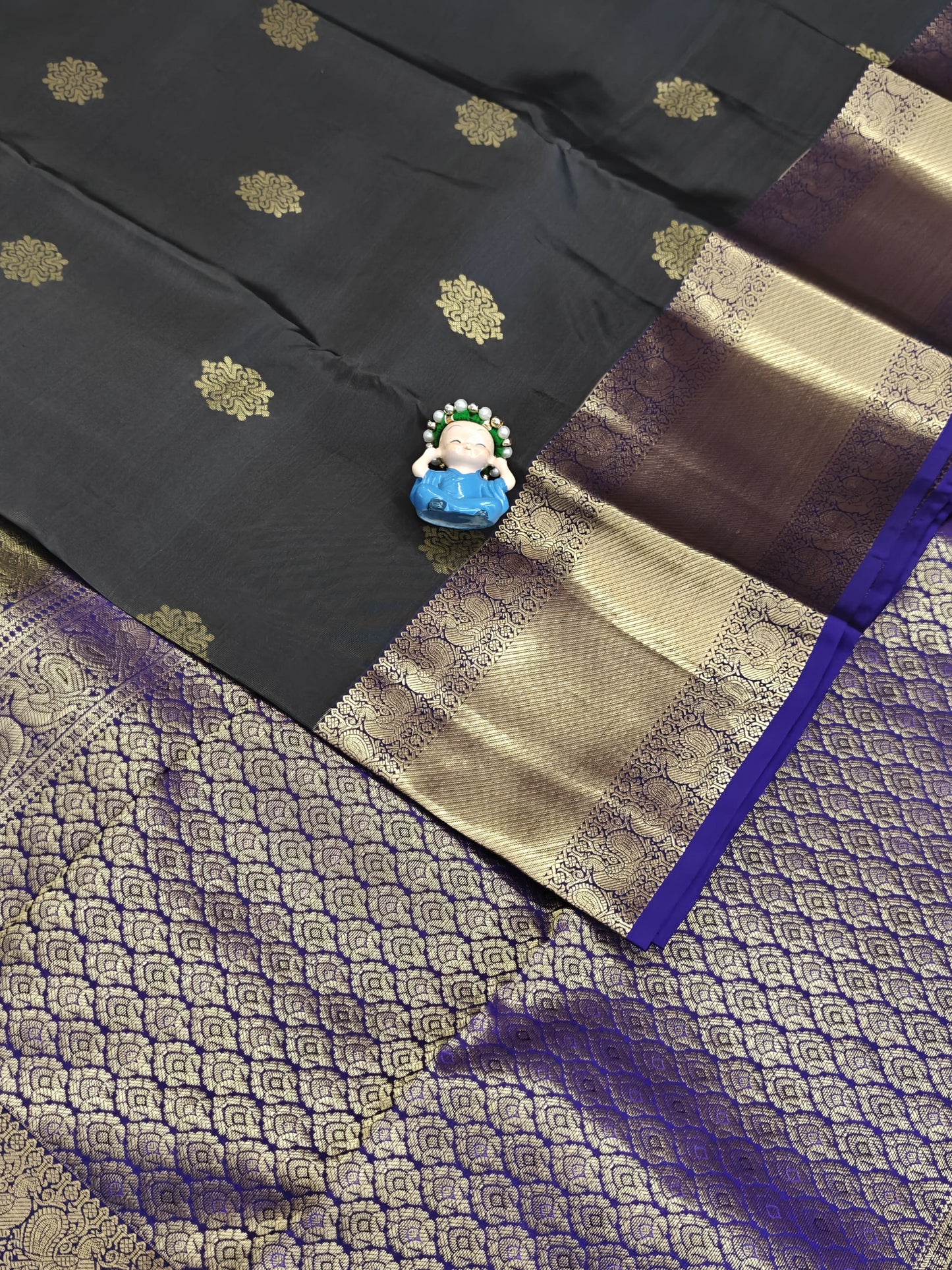 Grey Pure Silk Saree with Royal Blue Border