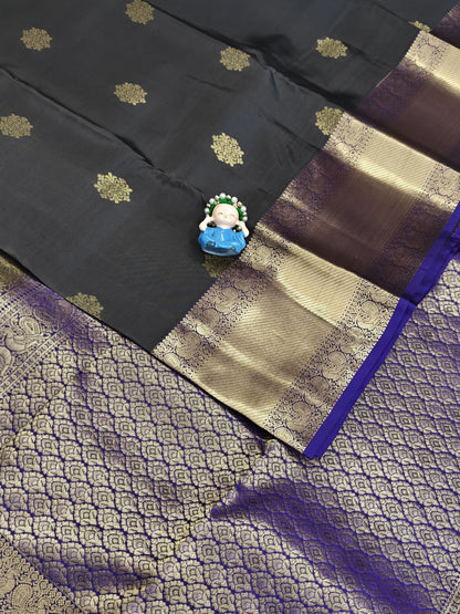 Grey Pure Silk Saree with Royal Blue Border