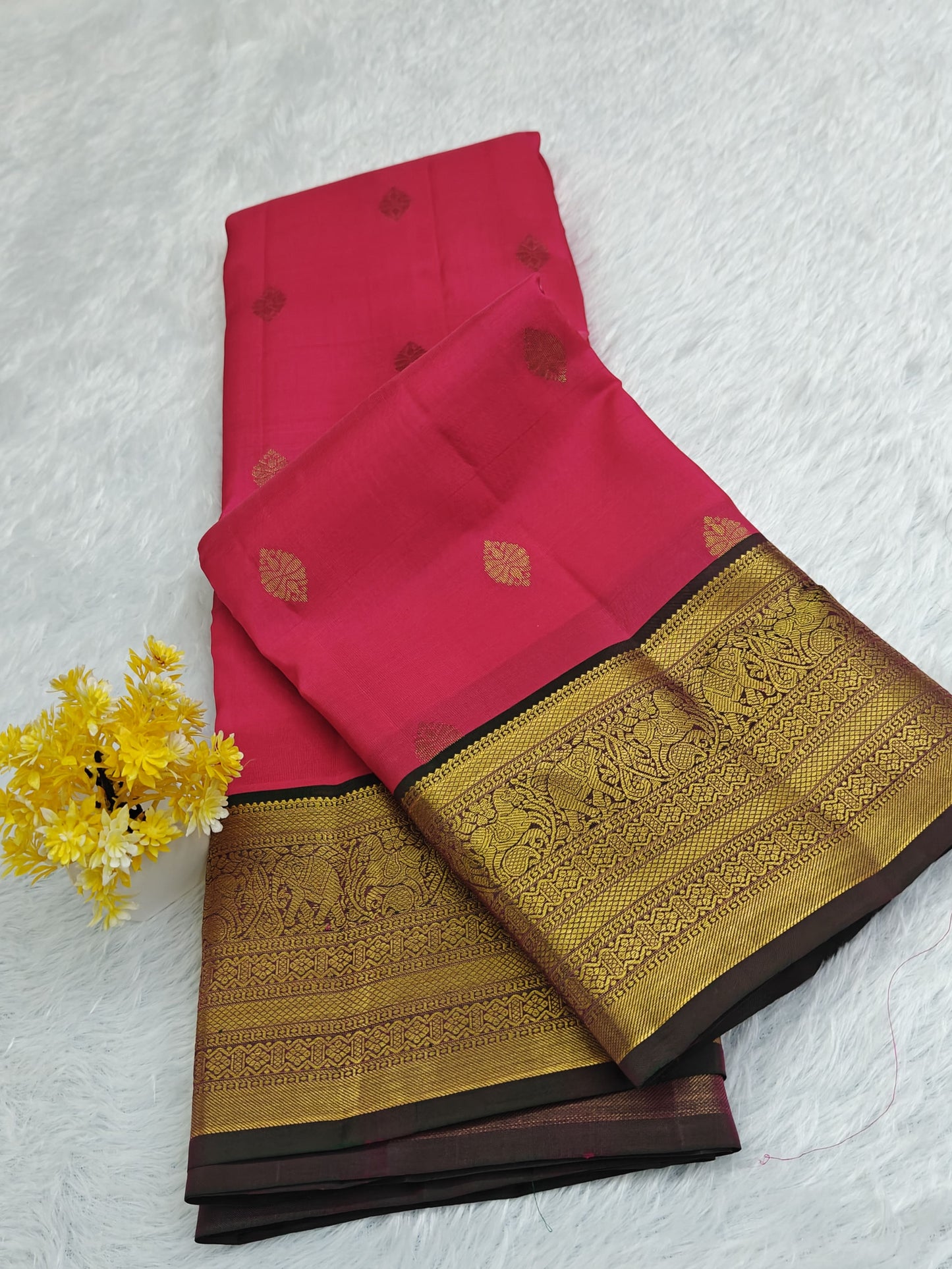 Rani Pink Pure Silk Saree with Dark Green Border