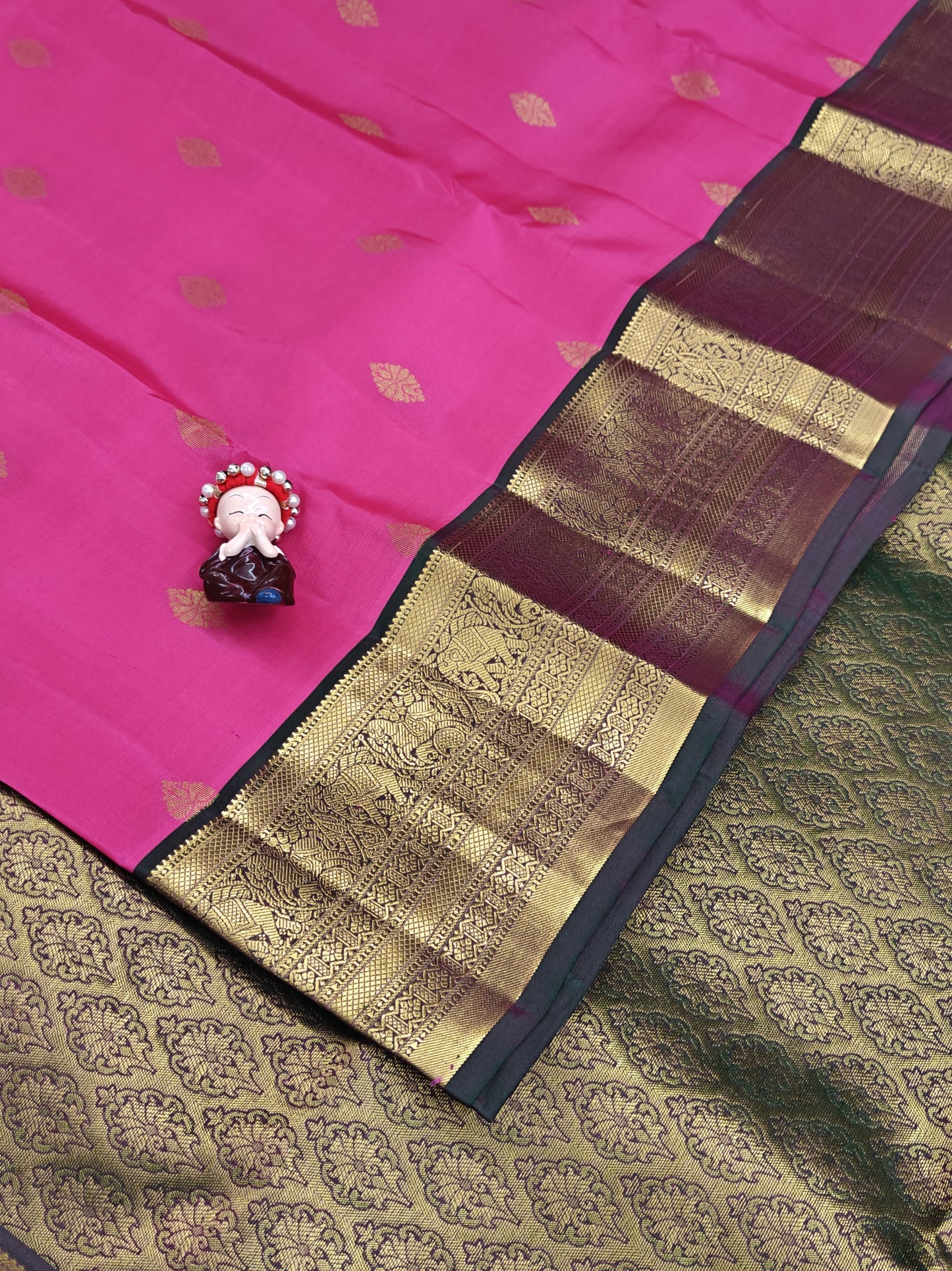 Rani Pink Pure Silk Saree with Dark Green Border