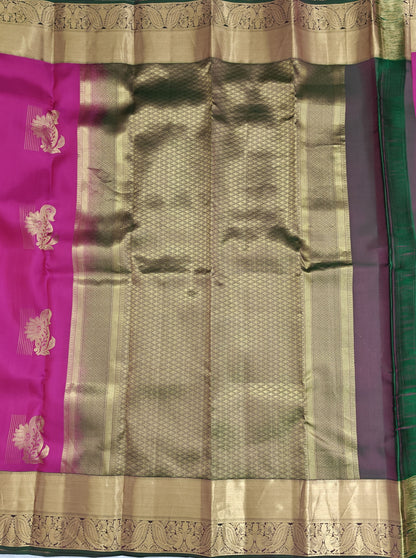 Rani Pink Pure Silk Saree with Green Border