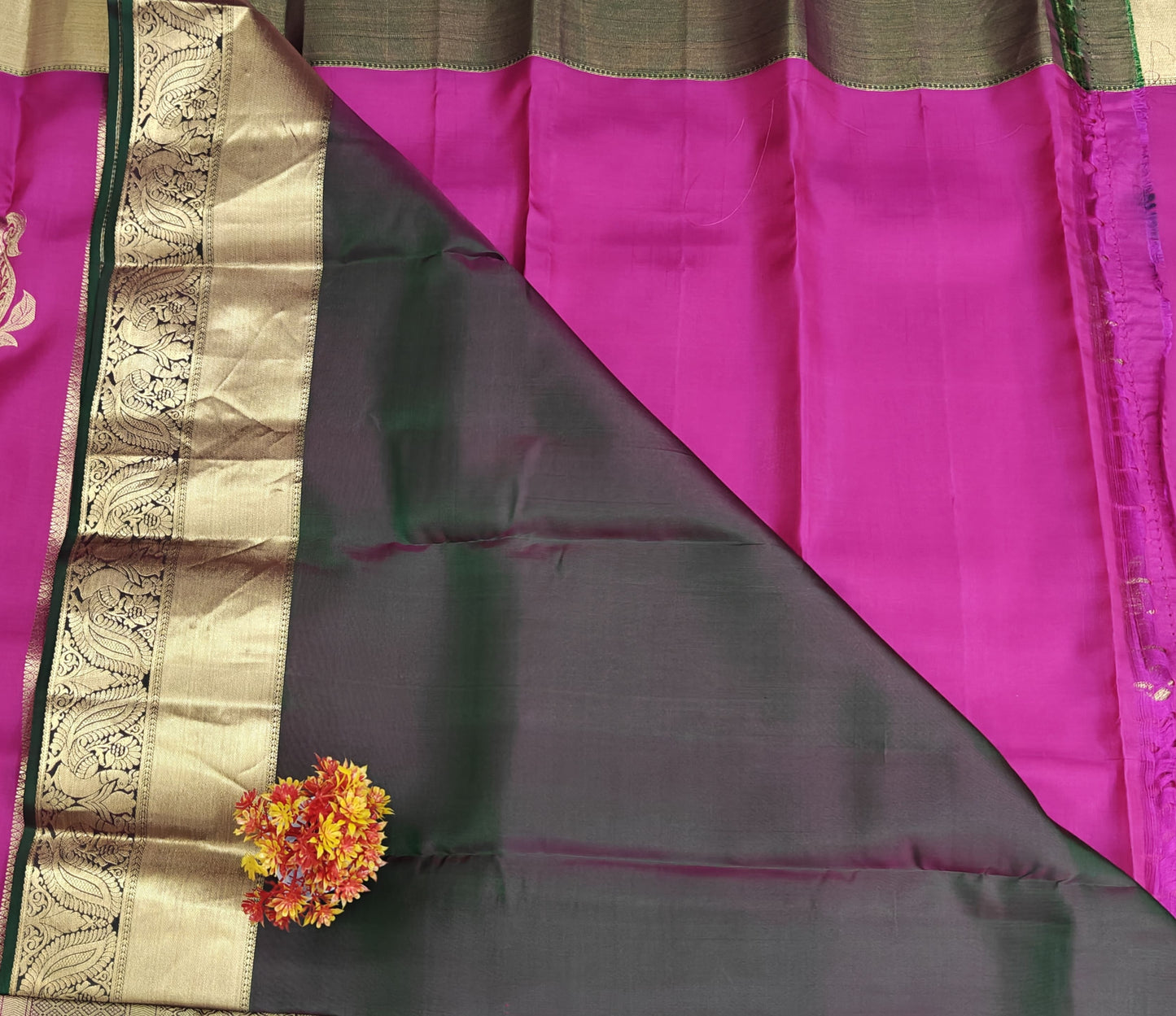 Rani Pink Pure Silk Saree with Green Border