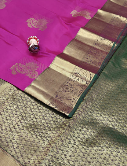 Rani Pink Pure Silk Saree with Green Border