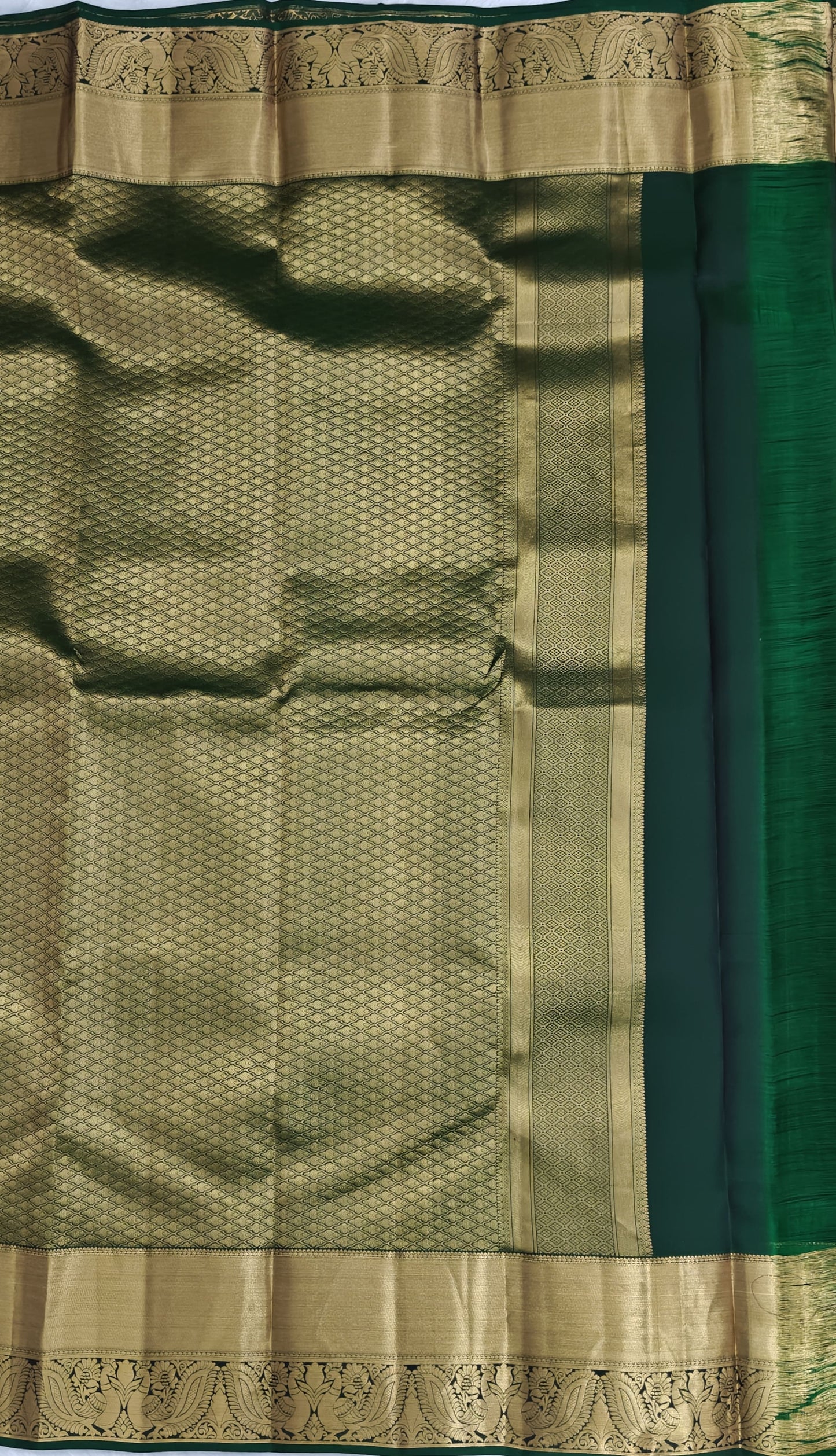 Grey Pure Silk Saree with Dark Green Border