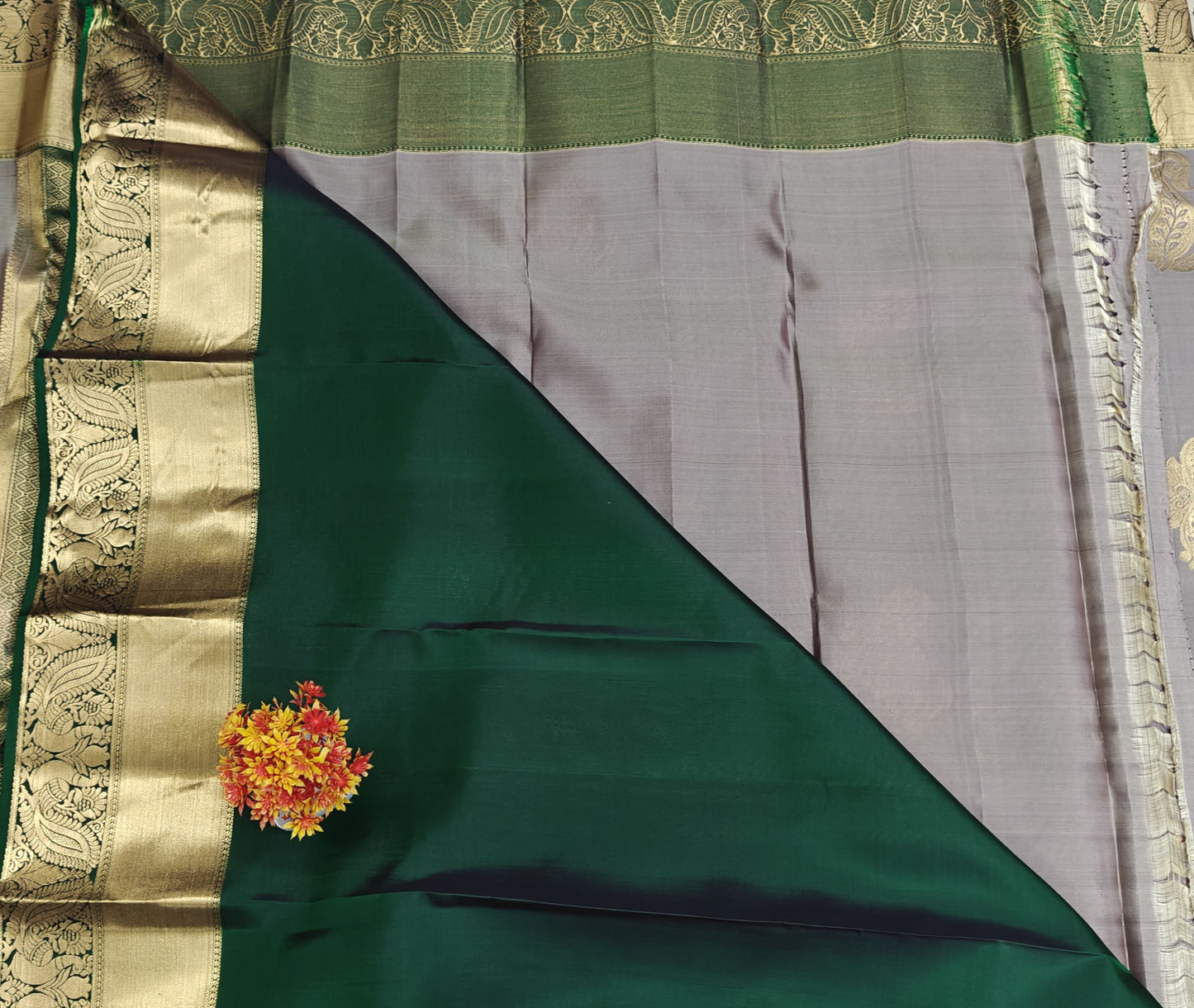 Grey Pure Silk Saree with Dark Green Border