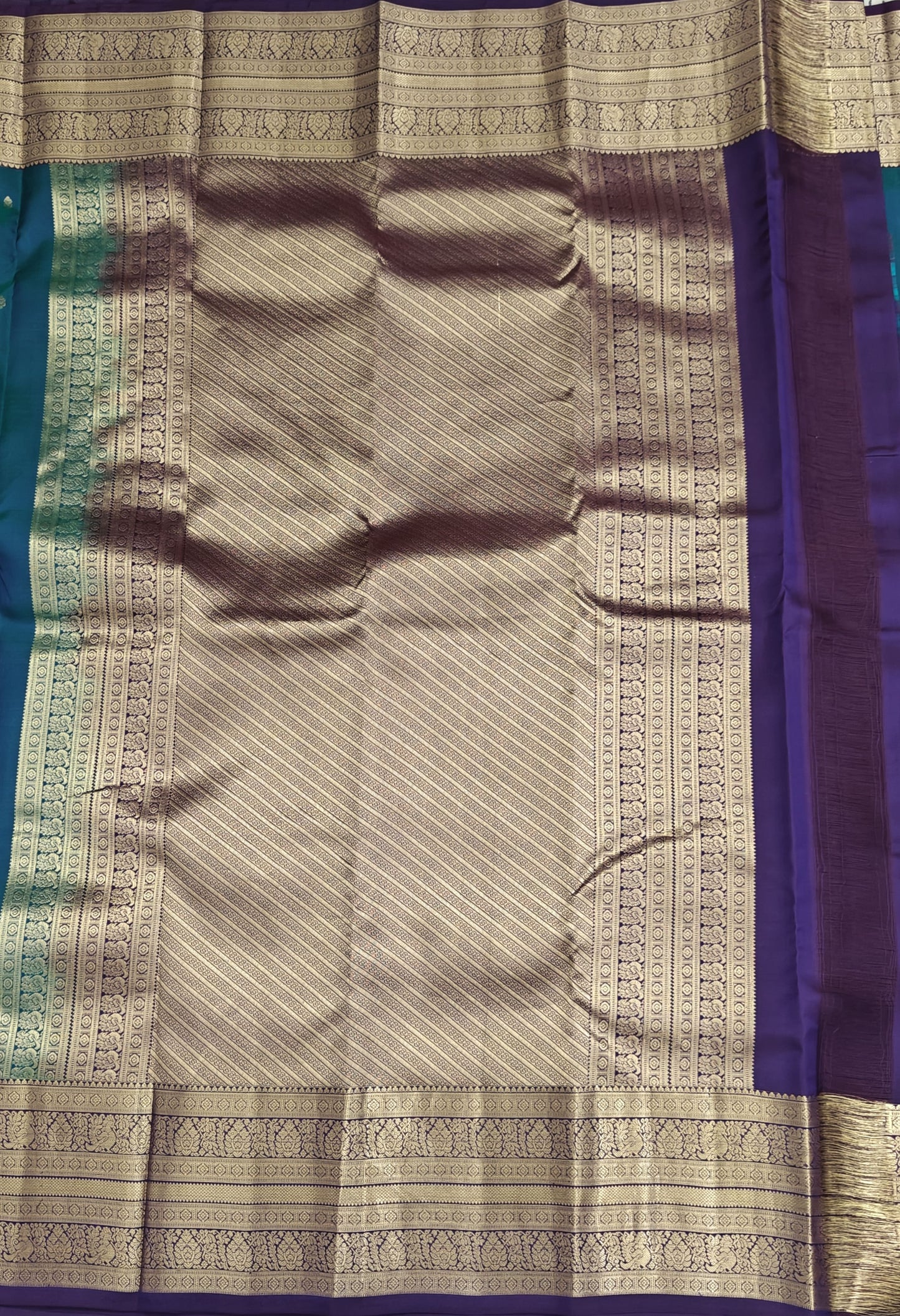 Peacock Green Pure Silk Saree with Purple Border