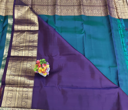 Peacock Green Pure Silk Saree with Purple Border
