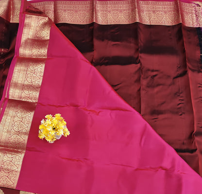 Brown Pure Silk Saree with Rani Pink Border
