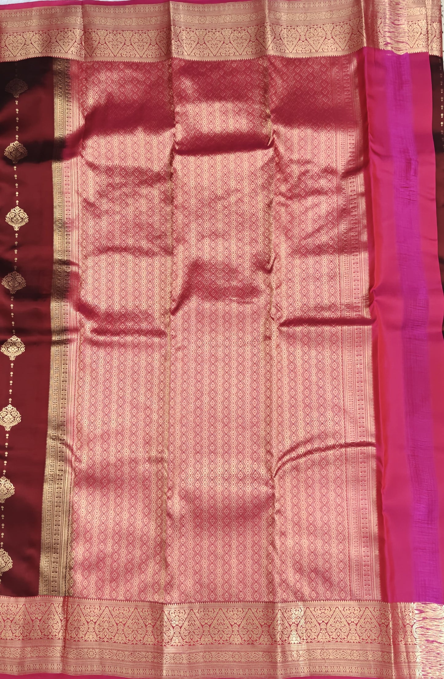 Brown Pure Silk Saree with Rani Pink Border