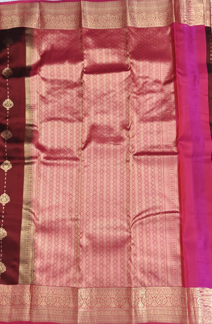 Brown Pure Silk Saree with Rani Pink Border