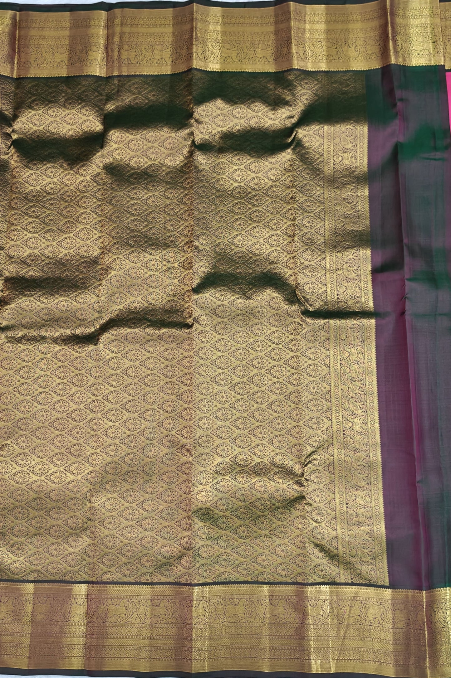 Rani Pink Pure Silk Saree with Dark Green Border